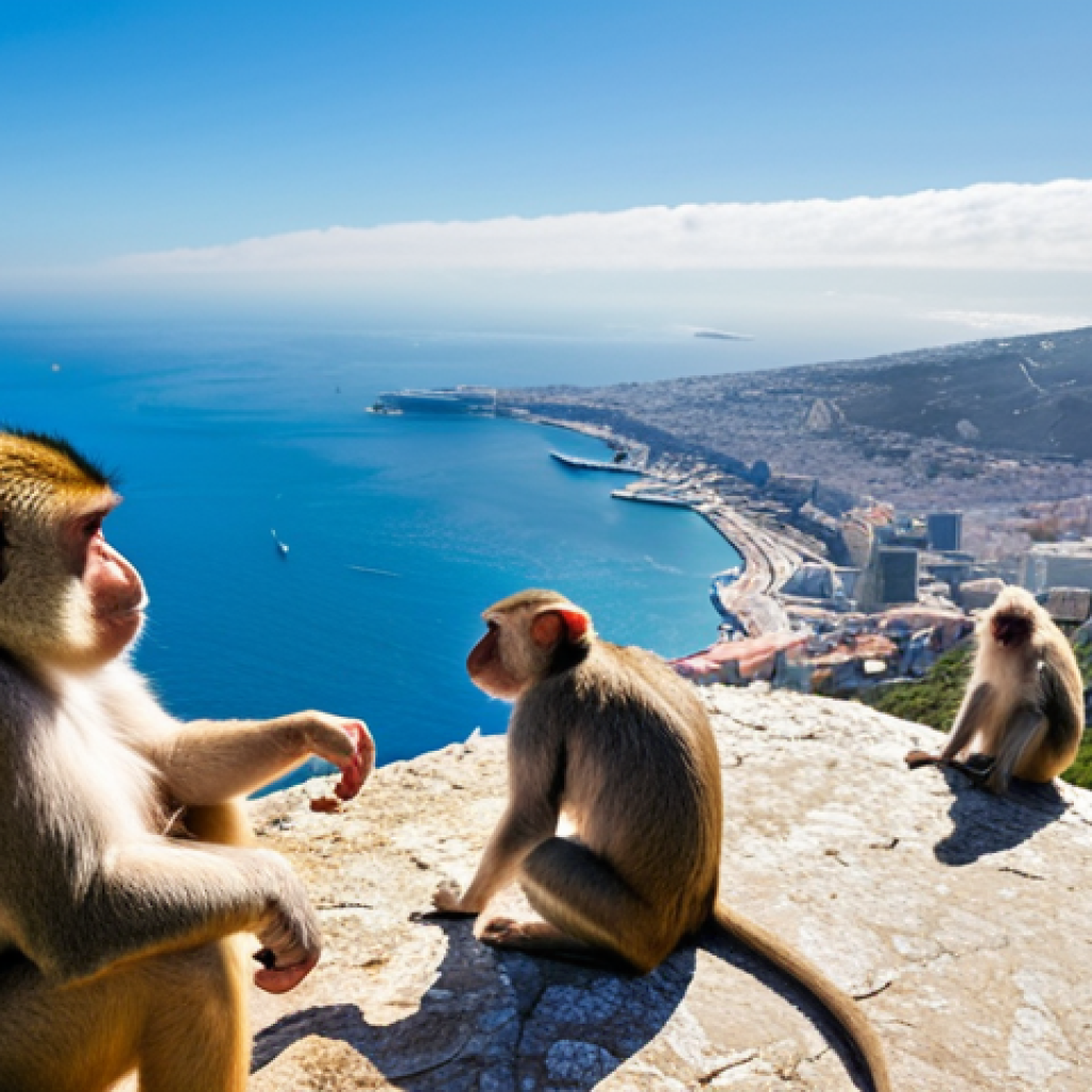 **The Rock of Gibraltar with Barbary Macaques:** A panoramic view from the top of the Rock of Gibraltar, overlooking Spain and Morocco. In the foreground, several Barbary Macaques are playfully interacting with tourists. The sky is clear blue, and the sea shimmers in the sunlight.