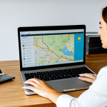 A professional woman in a modest business casual outfit, sitting comfortably at a modern wooden desk. She is deeply focused on a laptop screen displaying car rental comparison websites, with a detailed map of Andalusia spread beside it. A small, contemporary car model sits on the corner of the desk, suggesting travel plans. The room is well-lit with soft, natural light, creating a calm and organized atmosphere. The woman has perfect anatomy, correct proportions, and well-formed hands. Natural pose, fully clothed, appropriate attire, safe for work, appropriate content, professional, family-friendly, professional photography, high quality, highly detailed.