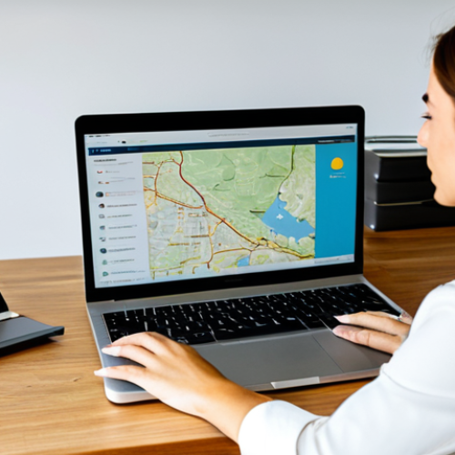 Home 6 A professional woman in a modest business casual outfit, sitting comfortably at a modern wooden desk. She is deeply focused on a laptop screen displaying car rental comparison websites, with a detailed map of Andalusia spread beside it. A small, contemporary car model sits on the corner of the desk, suggesting travel plans. The room is well-lit with soft, natural light, creating a calm and organized atmosphere. The woman has perfect anatomy, correct proportions, and well-formed hands. Natural pose, fully clothed, appropriate attire, safe for work, appropriate content, professional, family-friendly, professional photography, high quality, highly detailed.