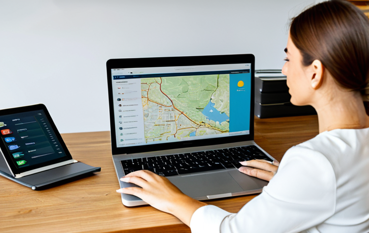 A professional woman in a modest business casual outfit, sitting comfortably at a modern wooden desk. She is deeply focused on a laptop screen displaying car rental comparison websites, with a detailed map of Andalusia spread beside it. A small, contemporary car model sits on the corner of the desk, suggesting travel plans. The room is well-lit with soft, natural light, creating a calm and organized atmosphere. The woman has perfect anatomy, correct proportions, and well-formed hands. Natural pose, fully clothed, appropriate attire, safe for work, appropriate content, professional, family-friendly, professional photography, high quality, highly detailed.